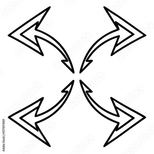 Four curved black arrows pointing inwards towards the center on a white background
