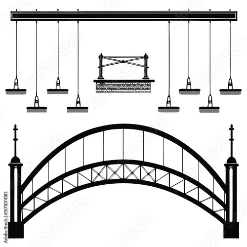 Black and white illustration of a suspension bridge and hanging lights