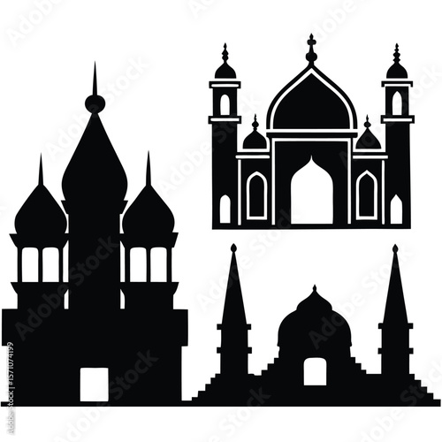 Collection of black silhouette icons of various religious buildings and architectural structures