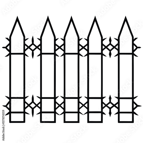 Simple black and white graphic of a stylized picket fence with sharp points