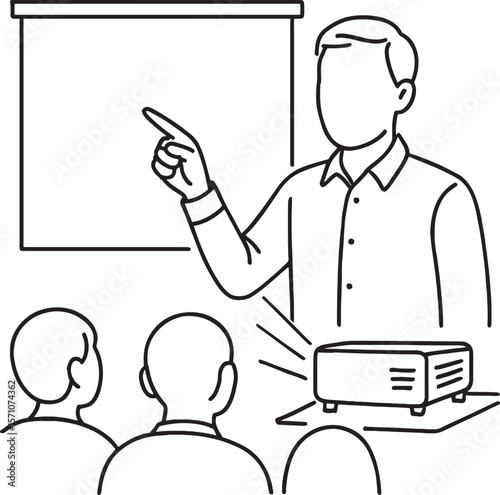 Teacher in front of white board using projector in class.