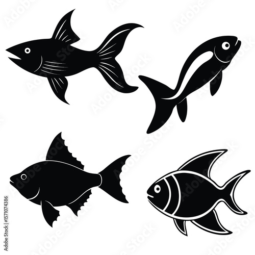 Four stylized black silhouettes of different fish on a white background