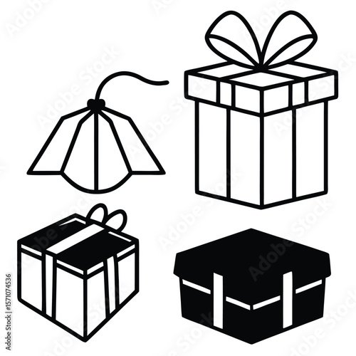 Collection of four stylized gift boxes and a paper lantern icon in black and white