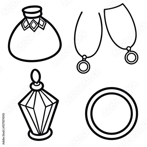 Collection of simple black and white line art drawings of jewelry and decorative items