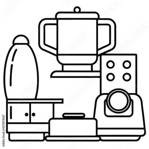 Collection of kitchen appliances and cookware depicted in a simple line art style