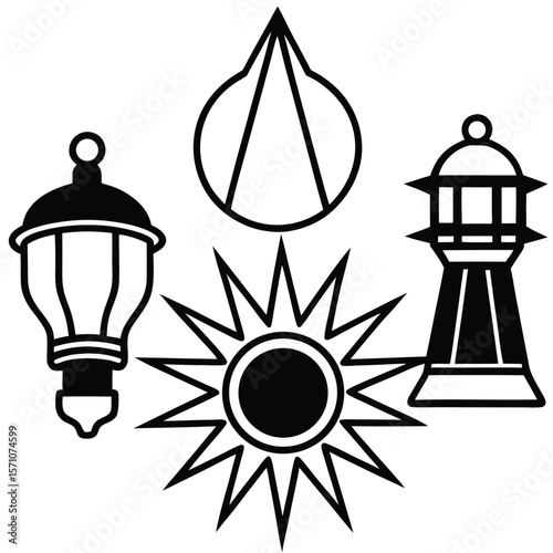 Collection of stylized black and white icons representing a light bulb sun lighthouse and abstract shape