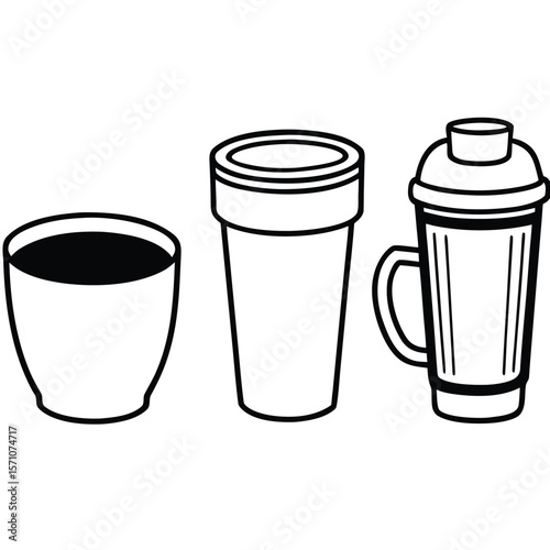 Simple line art icons of coffee cup travel mug and shaker