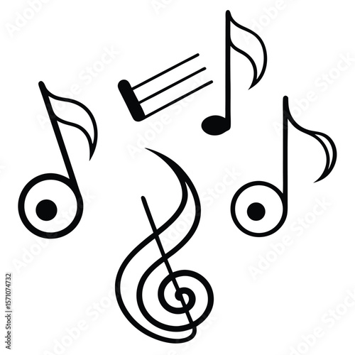 Collection of black musical notes and symbols on a white background