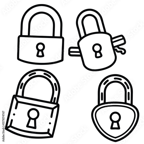 Collection of four simple black and white line art padlock icons on a white background