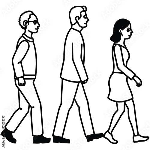Three diverse people walking in a line from left to right in profile