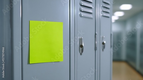 Bright Green Sticky Note Attached to a School Locker in a Well Lit Hallway