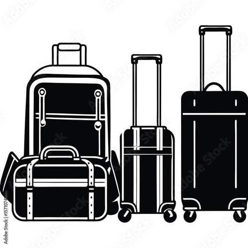 Collection of black and white luggage and suitcases ready for travel
