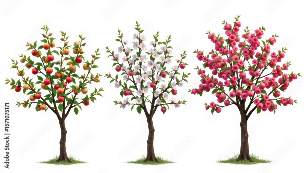 Obraz premium Three flourishing trees with colorful blossoms showcasing nature's beauty. The trees feature vibrant blossoms, a testament to the natural beauty of the world