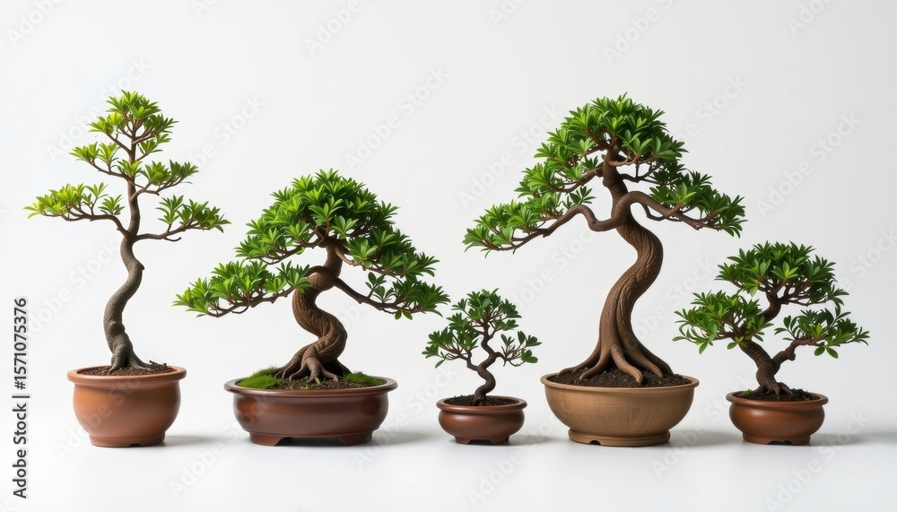 Five bonsai trees of varying sizes and shapes, arranged in a row against a white background. The trees exhibit the classic characteristics of bonsai. Five bonsai trees of varying sizes and shapes, arranged in a row against a white background. The trees exhibit the classic characteristics of bonsai.