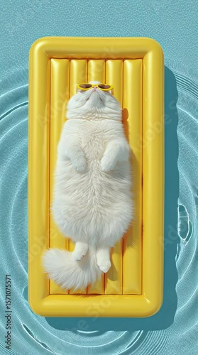 A fluffy white cat lounging on an inflatable yellow mat, wearing sunglasses and lying in the swimming pool with its paws hanging over the edge of the floaty, top view