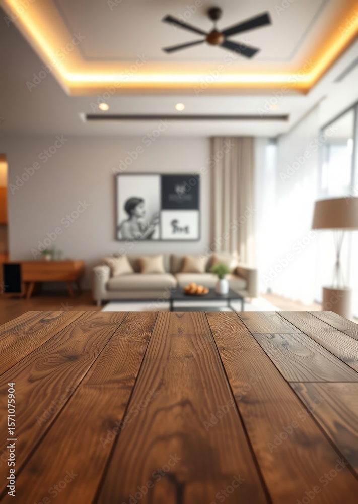 Obraz premium Wood table with blurred modern apartment interior background empty wooden tabletop with blurred living room background sofa design ai generated Empty room interior design Ultra realistic Photorea