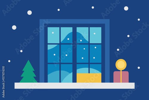 Snow Falling Outside Window Of Decorated Living Room