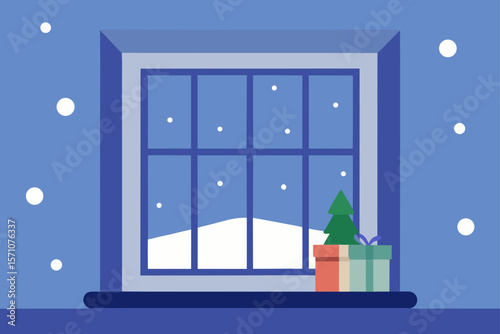 Snow Falling Outside Window Of Decorated Living Room