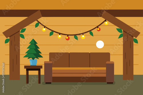 Rustic Living Room With Garland Covered Beams And Fireplace