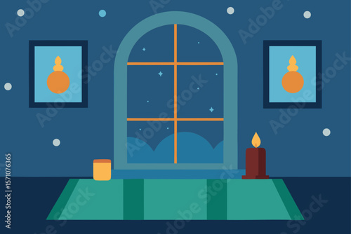 Room Interior With Frosty Windows Holiday Rug And Armchair
