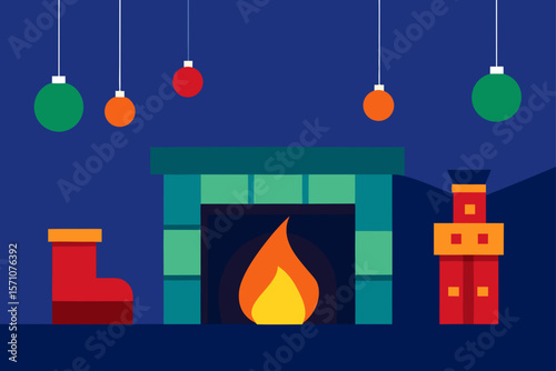modern interior with fireplace hanging stockings and christmas lights