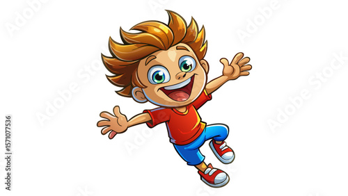 A joyful 3D cartoon boy with bright blue eyes and tousled brown hair jumps with excitement. Wearing a red T-shirt and sneakers, he stretches his arms wide, glowing with innocence and charm. His cheerf