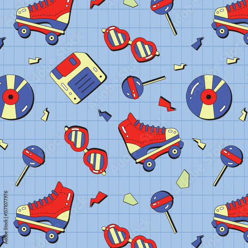 Seamless pattern with cute retro roller skates, skateboards, stars, abstract doodle shapes. Vintage vector texture for kids textile, wrapping paper. Cartoon 80s-90s comic style background for girls.
