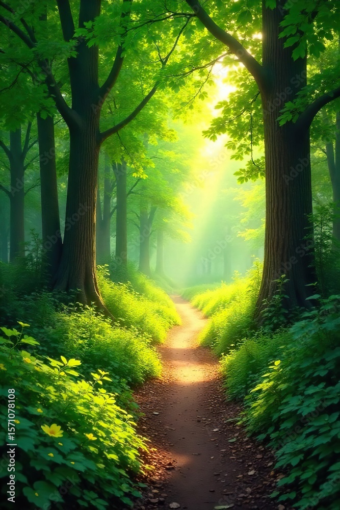 Fototapeta premium Sun-Dappled Forest Path A Magical Summer Hike Through Lush Green Foliage