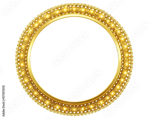 Shiny gold circle frame border isolated on white background, PNG