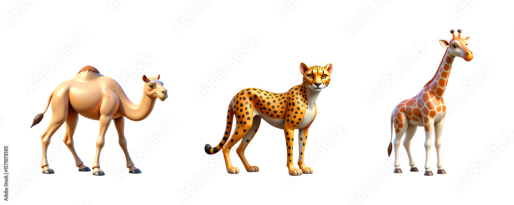 Naklejka premium Giraffe, Cheetah, Camel, icon set, 3D style on transparent background