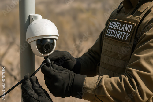 Surveillance camera installation by homeland security border area security equipment outdoor close-up safety measures