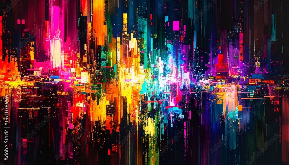 Fototapeta premium Digital glitch-inspired abstract art, neon color splashes and pixel distortions, concentrated on the sides, dark background