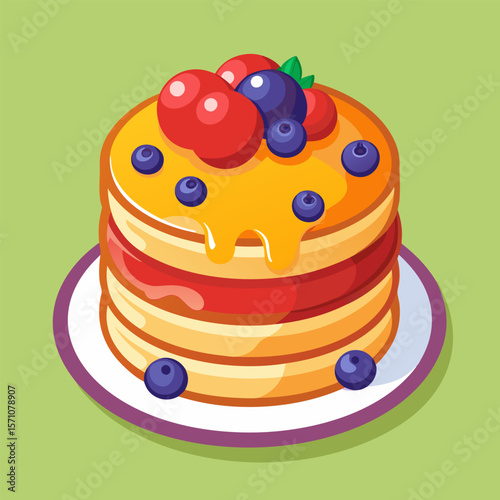 A tempting stack of pancakes.  drizzled with honey and topped with fresh berries. A delightful breakfast or dessert.