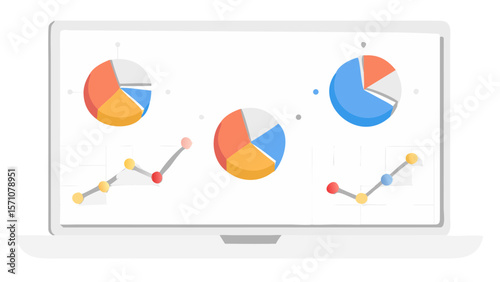 Laptop displaying pie charts and line graphs for data analysis and visualization on a white screen