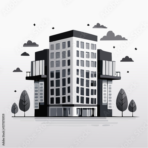 render of an real estate architectural model in clean geometry in black and white