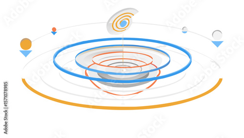 Abstract concentric circles with spiral element and floating shapes on white background design art
