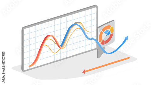 Isometric illustration of data analysis with graph, pie chart and arrows showing trends in business