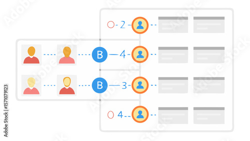 Illustration of a network diagram with people icons and connections in a workflow process view