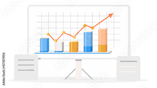 Presentation board showing bar graph and upward trending line for business growth analysis data