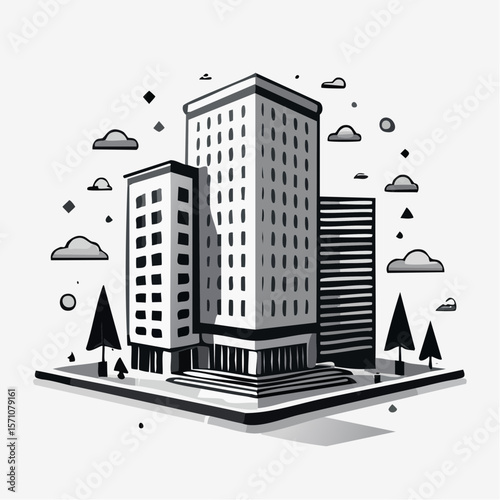render of an real estate architectural model in clean geometry in black and white