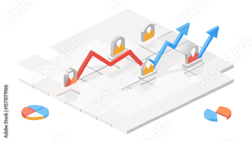Isometric view of a business growth chart with red and blue lines and pie charts on a white grid