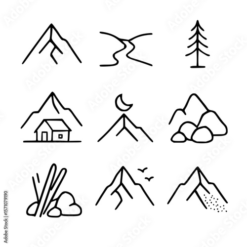 Minimal mountain and nature line icons with trees, rivers, rocks, and cabin — ideal for outdoor and adventure designs.