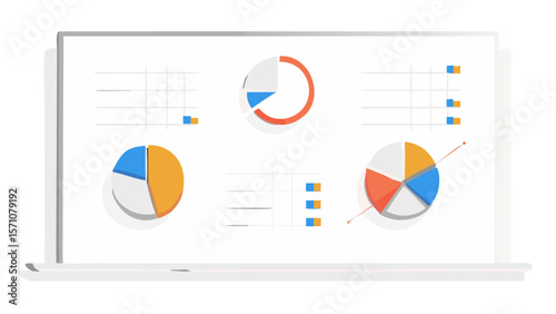 Laptop screen displaying various types of charts including pie charts and bar graphs in blue and orange colors