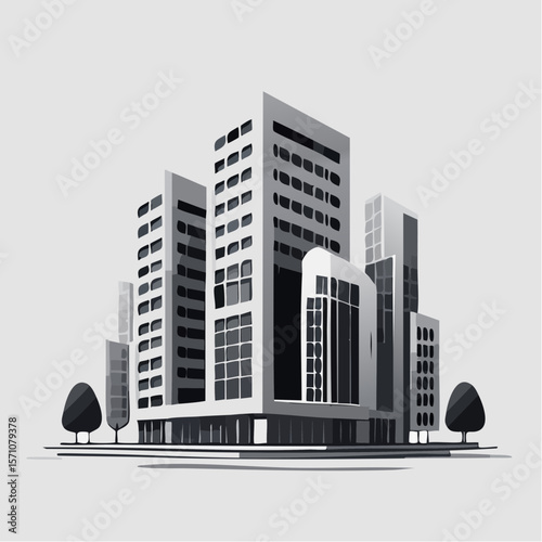 render of an real estate architectural model in clean geometry in black and white