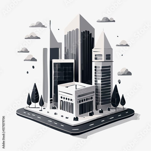 render of an real estate architectural model in clean geometry in black and white