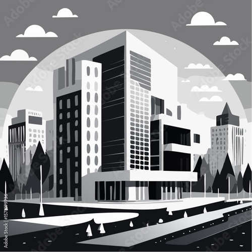 render of an real estate architectural model in clean geometry in black and white