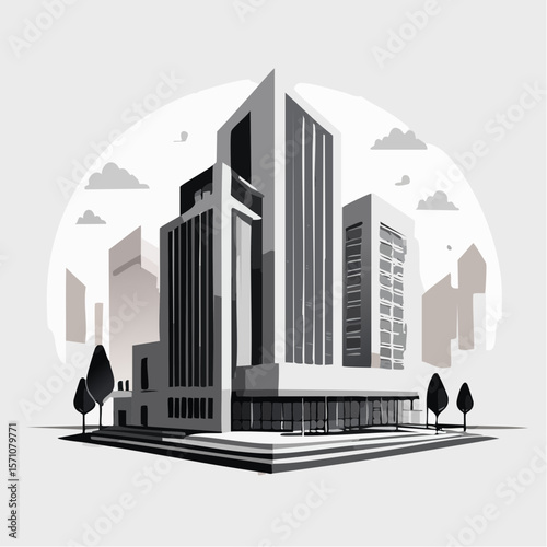 render of an real estate architectural model in clean geometry in black and white