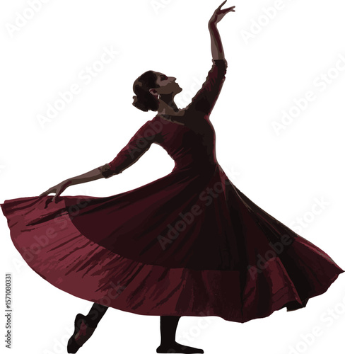 Elegant ballerina performing a graceful ballet movement with flowing dress on white background