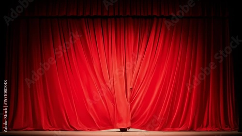 Luxurious red velvet stage curtains gracefully close under a warm spotlight signaling the end of a performance.