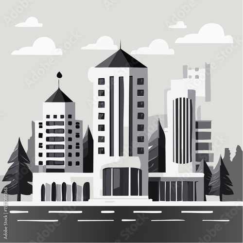render of an real estate architectural model in clean geometry in black and white